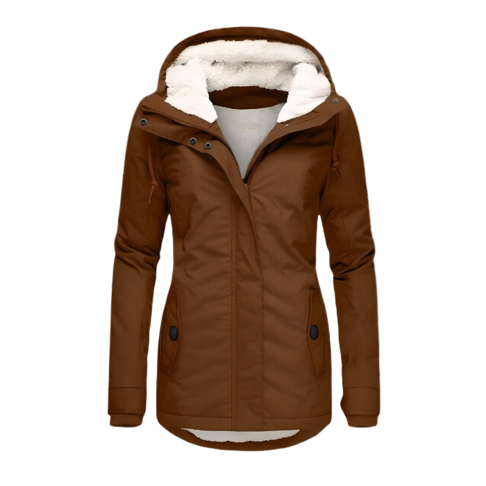 Women's hooded winter coat with front zip and flap pockets