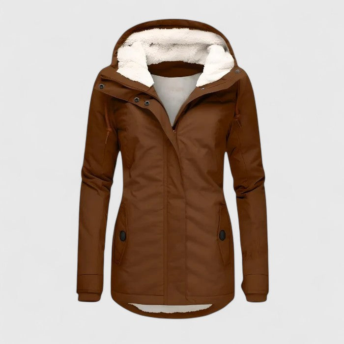 Women's hooded winter jacket with faux fur lined hood