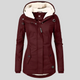 Women's long hooded coat with light trim and front zipper