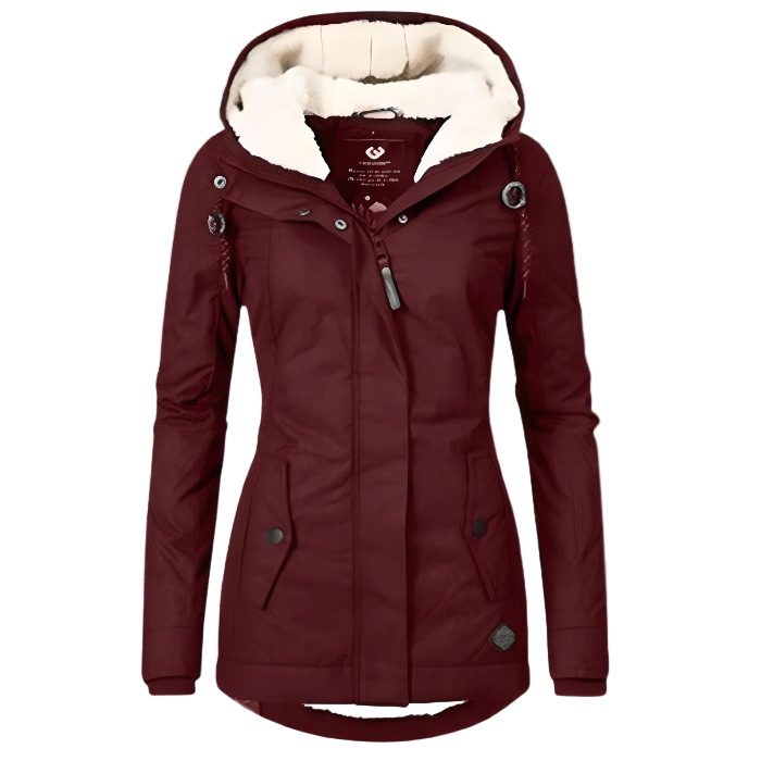 Women's hooded winter coat with front zip and flap pockets