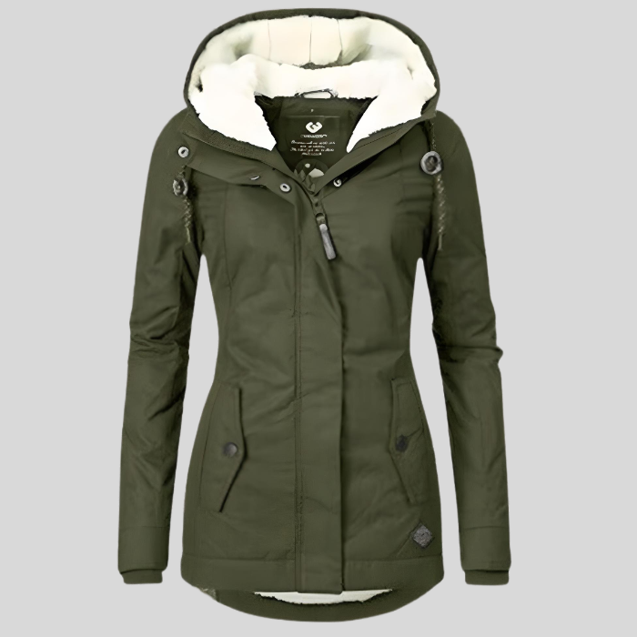 Women's long hooded coat with light trim and front zipper