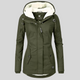Women's long hooded coat with light trim and front zipper