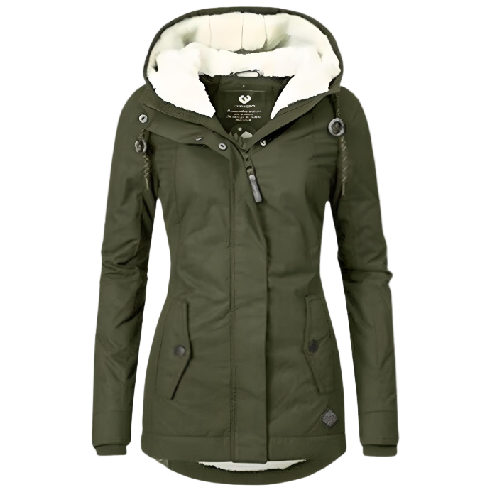 Women's hooded winter coat with front zip and flap pockets