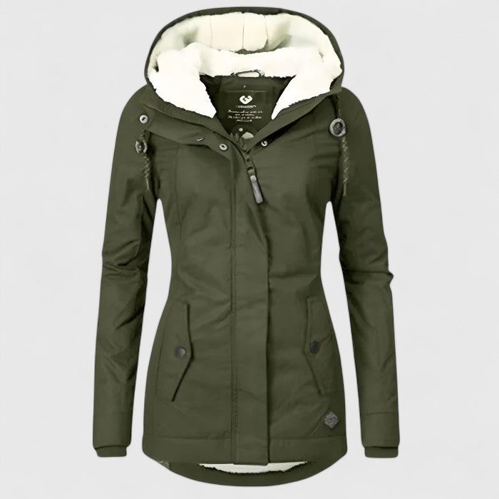 Women's hooded winter jacket with faux fur lined hood