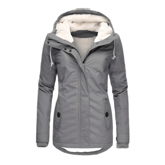 Women's hooded winter coat with front zip and flap pockets