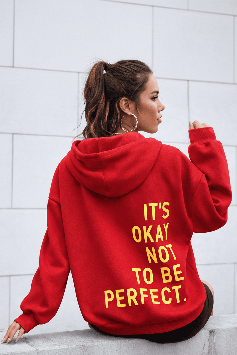 Women's long-sleeve hooded sweatshirt with stacked text graphic on the back