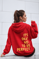 Women's long-sleeve hooded sweatshirt with stacked text graphic on the back