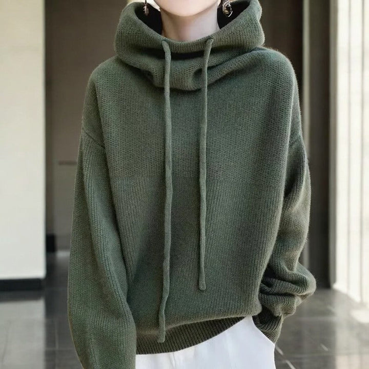 Women's hooded knit hoodie with cowl neck, drawstrings, long sleeves and ribbed trims