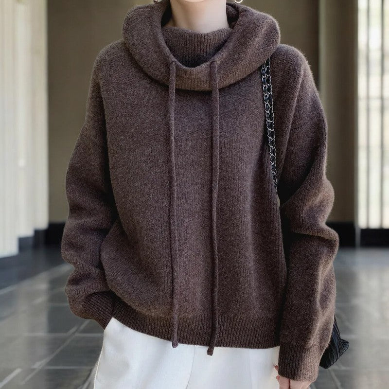 Women's hooded knit hoodie with cowl neck, drawstrings, long sleeves and ribbed trims