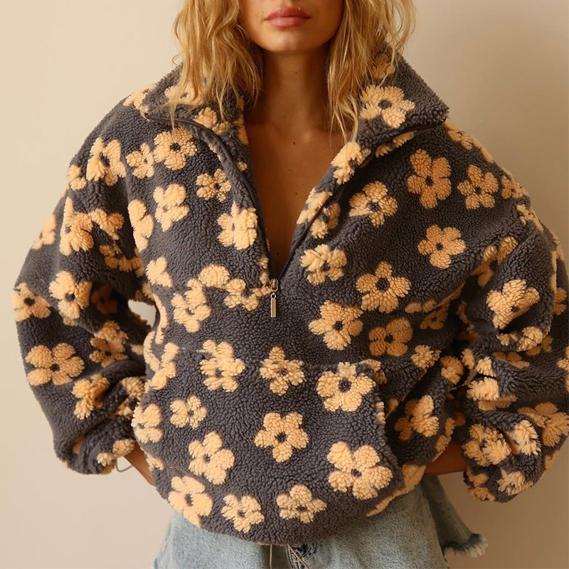 Women's floral fleece half-zip pullover with high collar