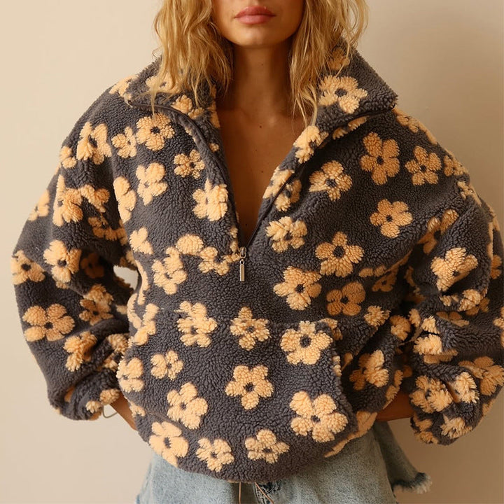 Women's floral fleece half-zip pullover with high collar