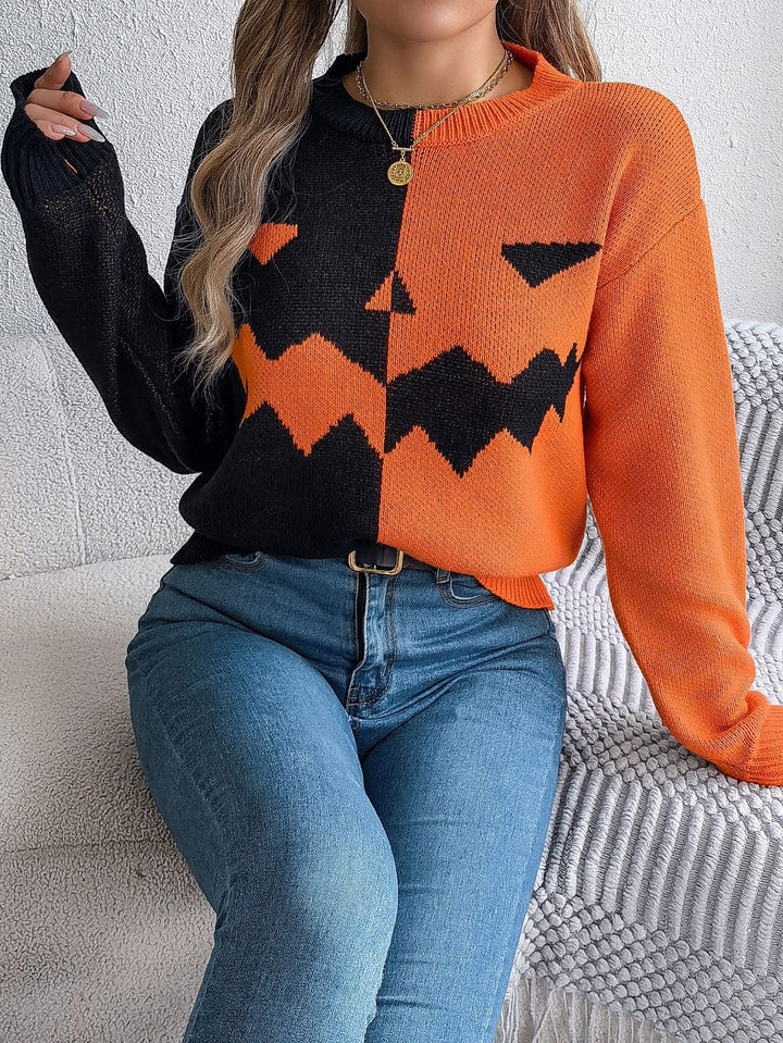 Women's geometric colour-block crew neck knit sweater with long sleeves