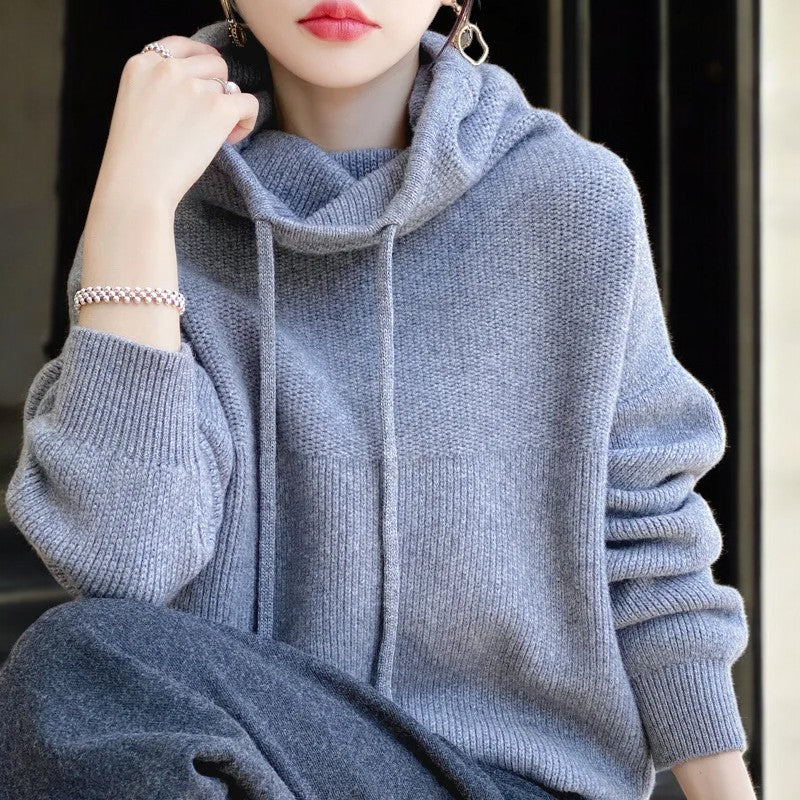 Women's hooded knit hoodie with cowl neck, drawstrings, long sleeves and ribbed trims