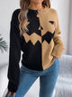 Women's geometric colour-block crew neck knit sweater with long sleeves