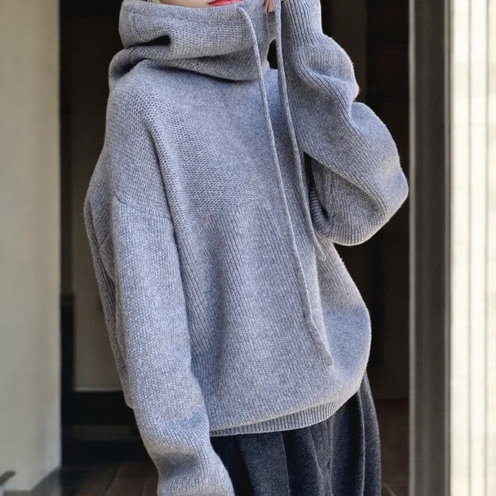 Women's hooded knit hoodie with cowl neck, drawstrings, long sleeves and ribbed trims
