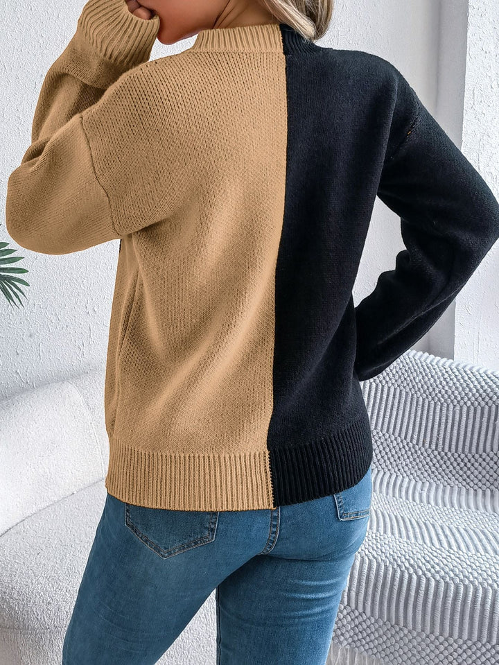 Women's geometric colour-block crew neck knit sweater with long sleeves