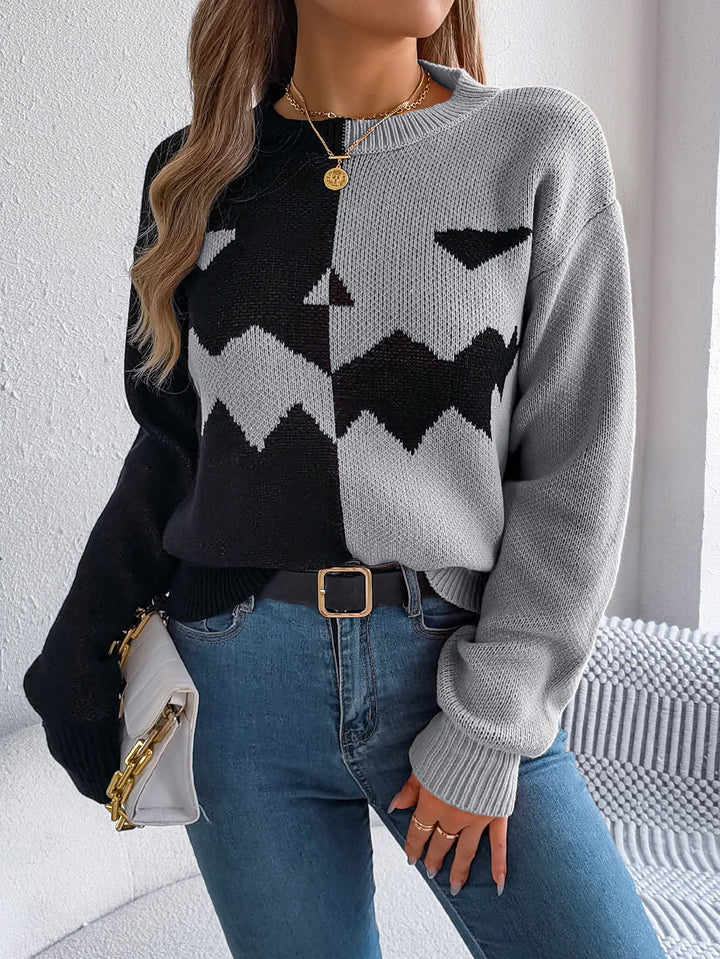 Women's geometric colour-block crew neck knit sweater with long sleeves