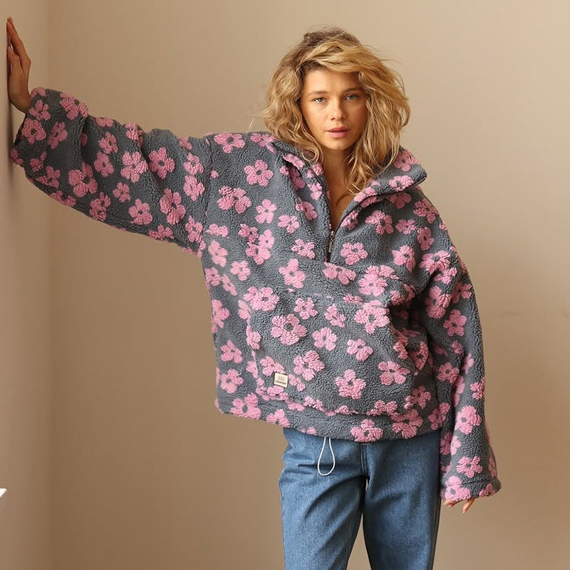 Women's floral fleece half-zip pullover with high collar