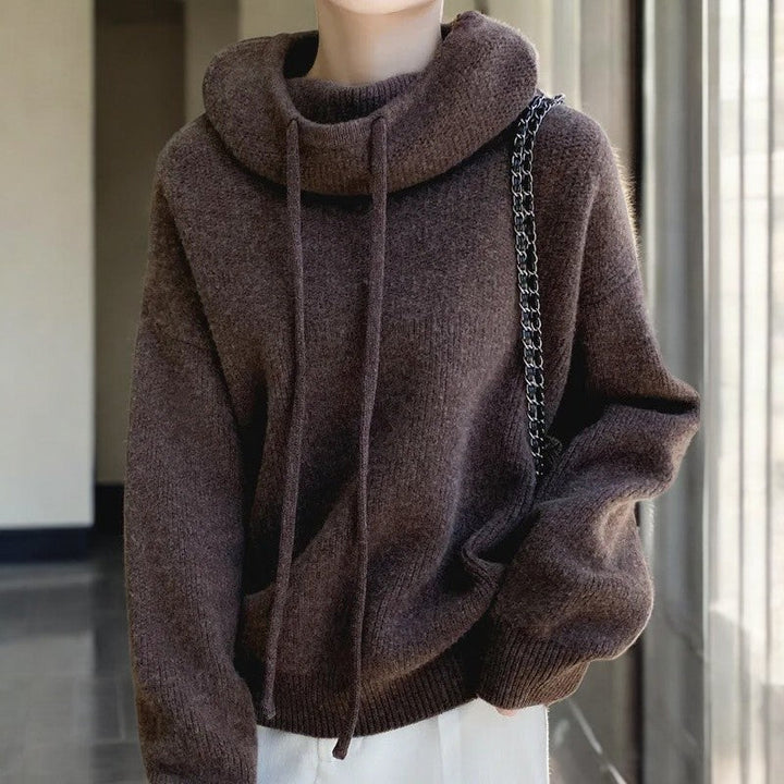 Women's hooded knit hoodie with cowl neck, drawstrings, long sleeves and ribbed trims