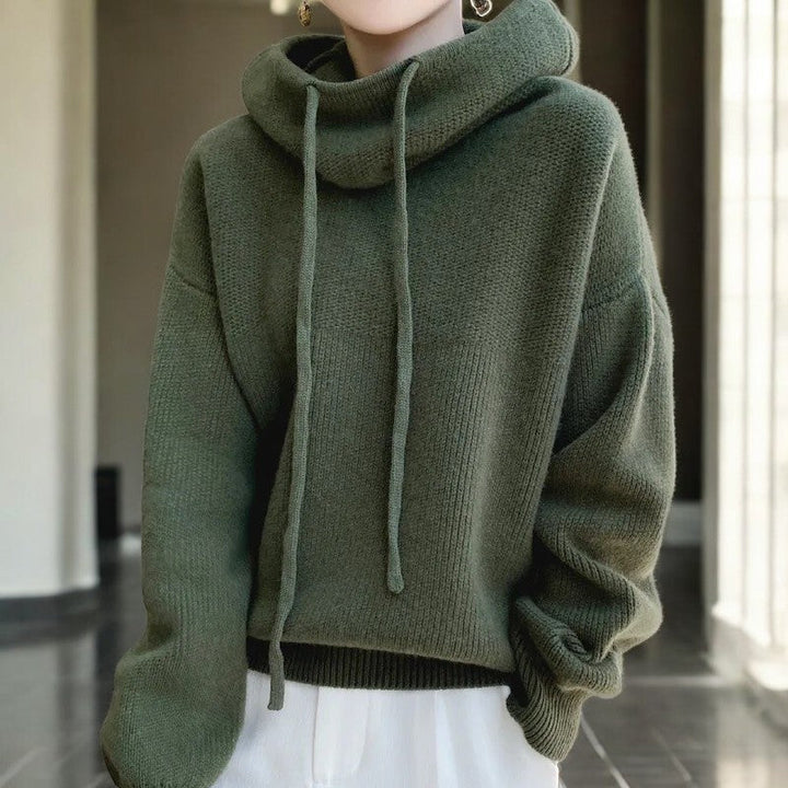 Women's hooded knit hoodie with cowl neck, drawstrings, long sleeves and ribbed trims