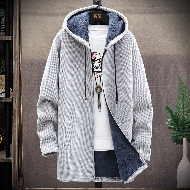 Longline fleece hooded jacket with contrast lining and front pockets