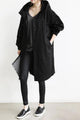 Women's long hooded button-front trench coat with angled pockets
