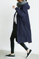 Women's long hooded button-front trench coat with angled pockets