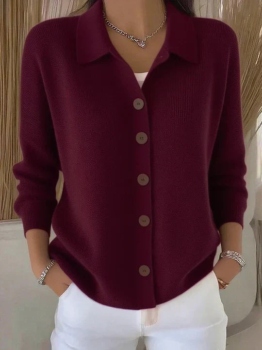 Women's button-front collared cardigan with long sleeves