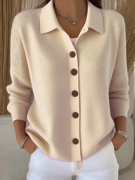 Women's button-front collared cardigan with long sleeves