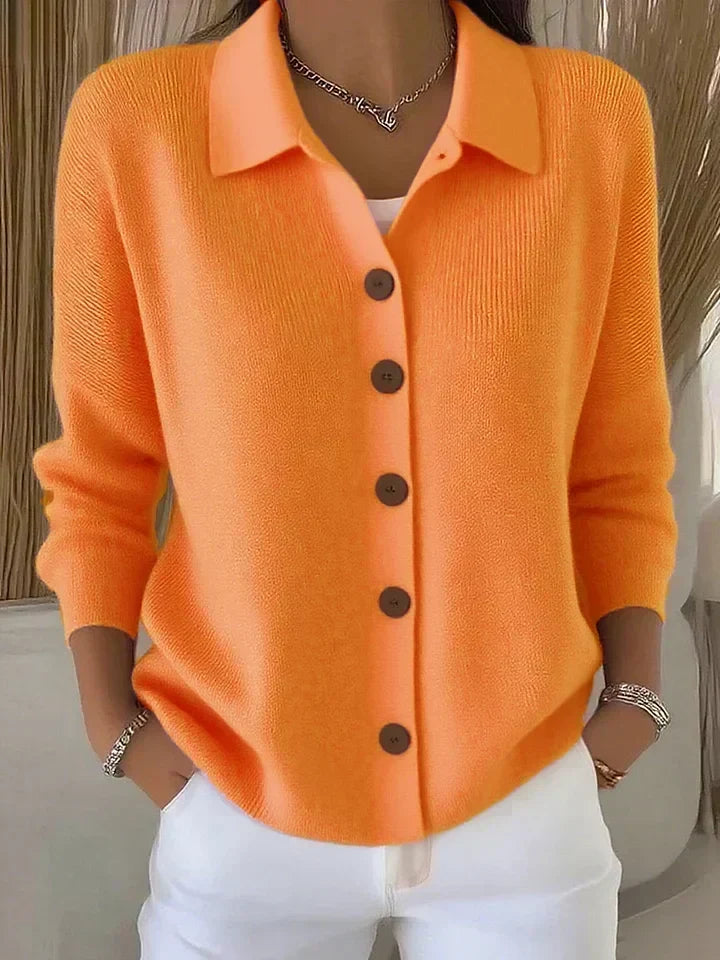 Women's button-front collared cardigan with long sleeves