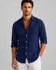 Men's long sleeve button-front shirt with pointed collar and curved hem