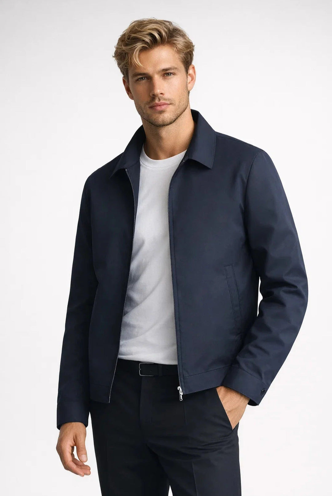 Men's zip front jacket with point collar and angled welt pockets