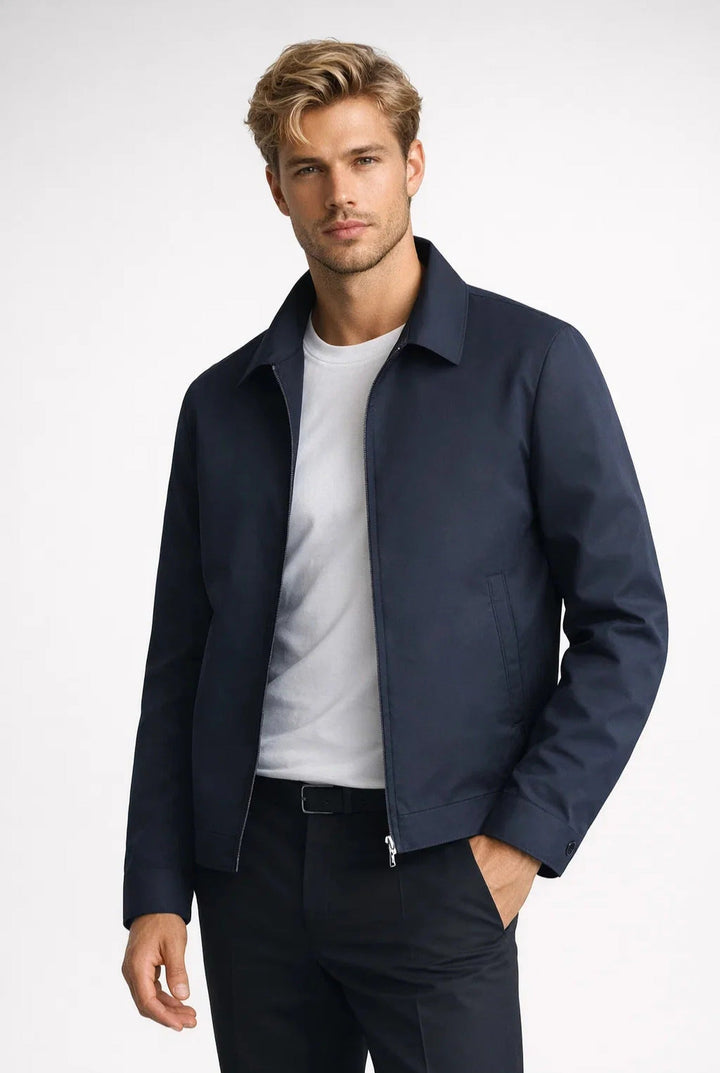 Men's zip front jacket with point collar and angled welt pockets