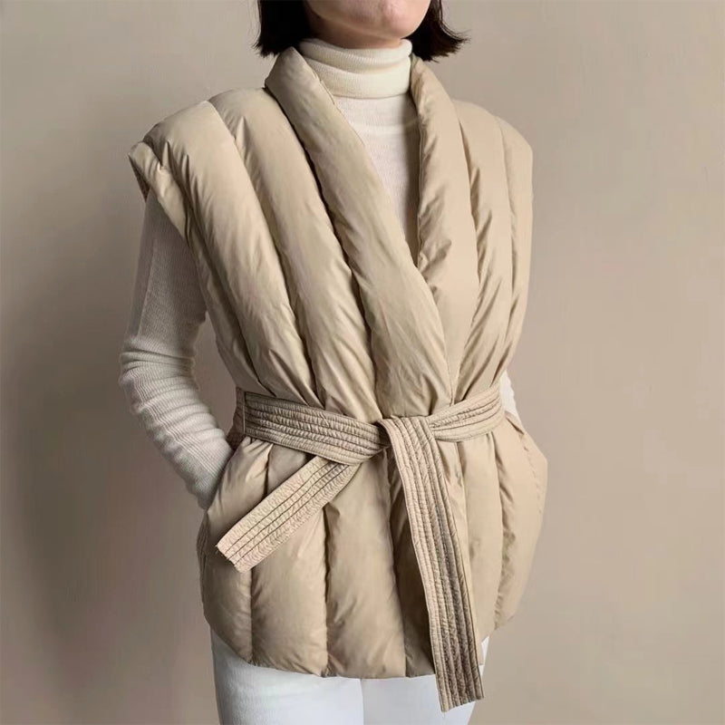 Women's quilted belted wrap puffer vest