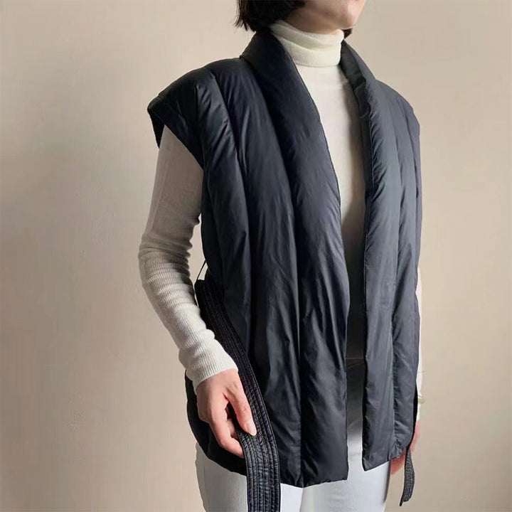 Women's quilted belted wrap puffer vest