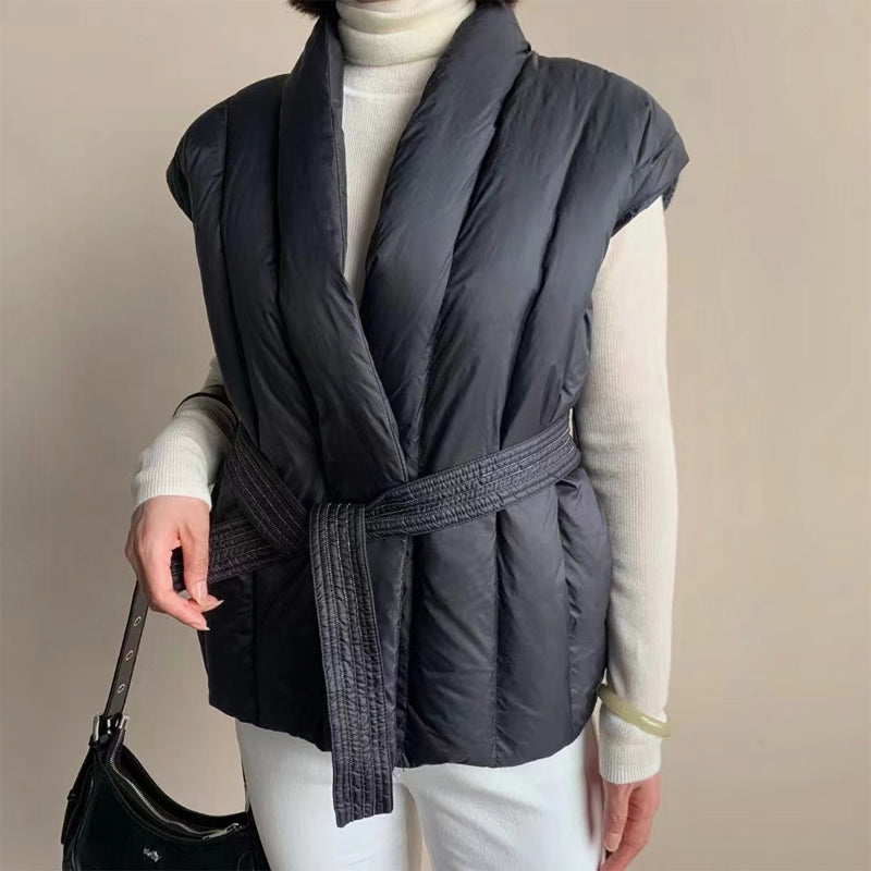 Women's quilted belted wrap puffer vest