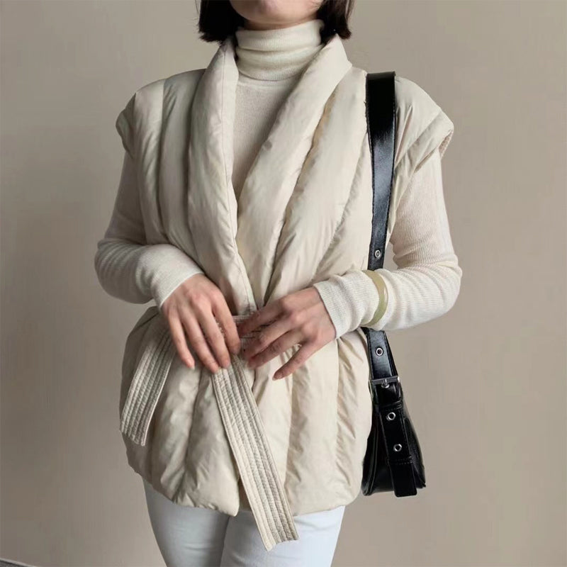 Women's quilted belted wrap puffer vest