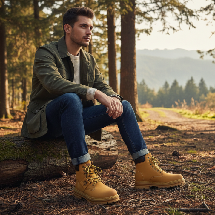 Men's lace-up ankle boots with rugged lug soles and padded collars