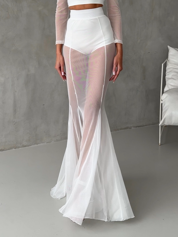 Women's tailored blazer set with high collar and flared floor-length bottom