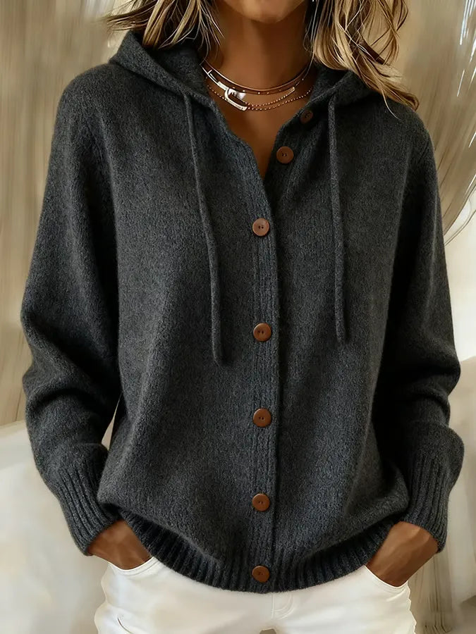 Women's hooded button-front hoodie with long sleeves and ribbed trim