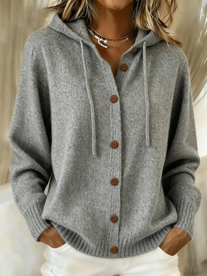 Women's hooded button-front hoodie with long sleeves and ribbed trim