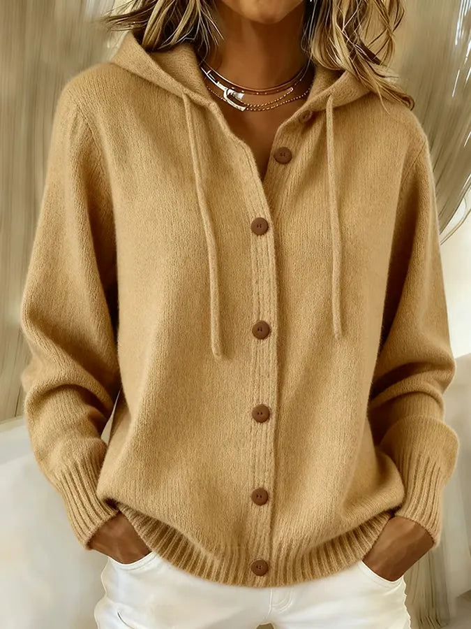 Women's hooded button-front hoodie with long sleeves and ribbed trim