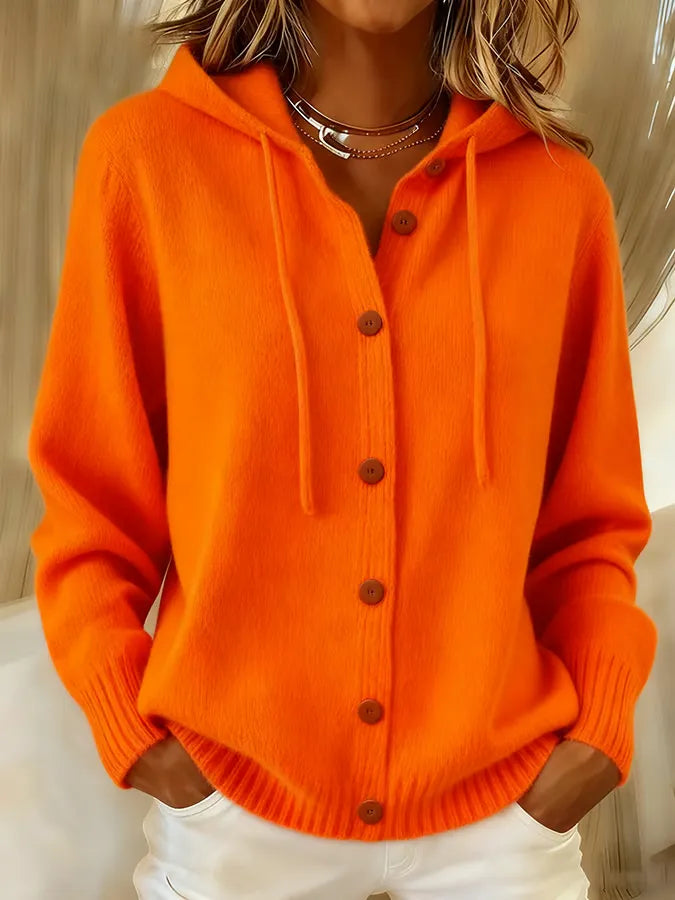 Women's hooded button-front hoodie with long sleeves and ribbed trim