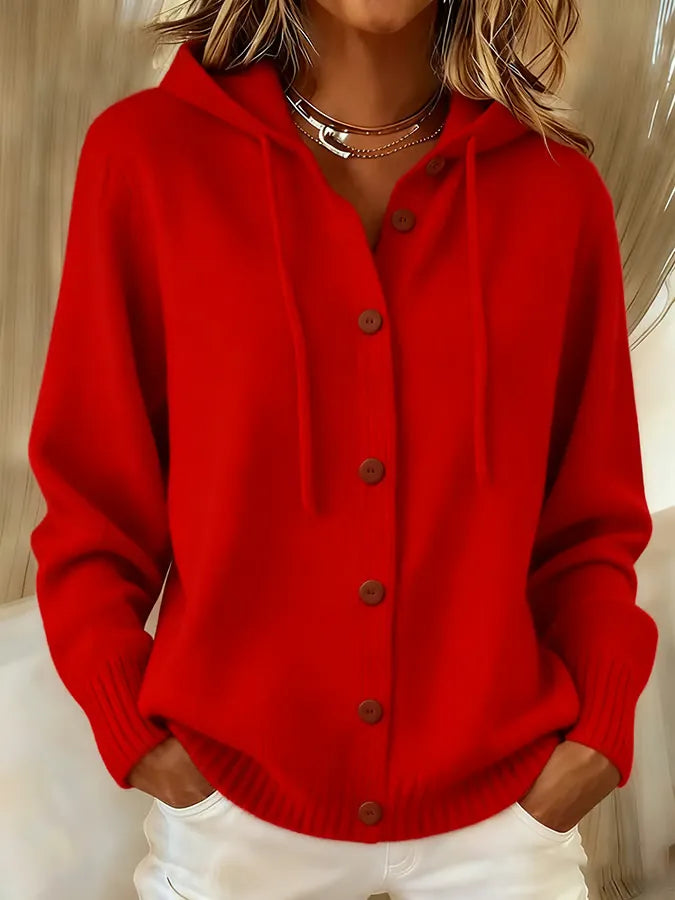 Women's hooded button-front hoodie with long sleeves and ribbed trim