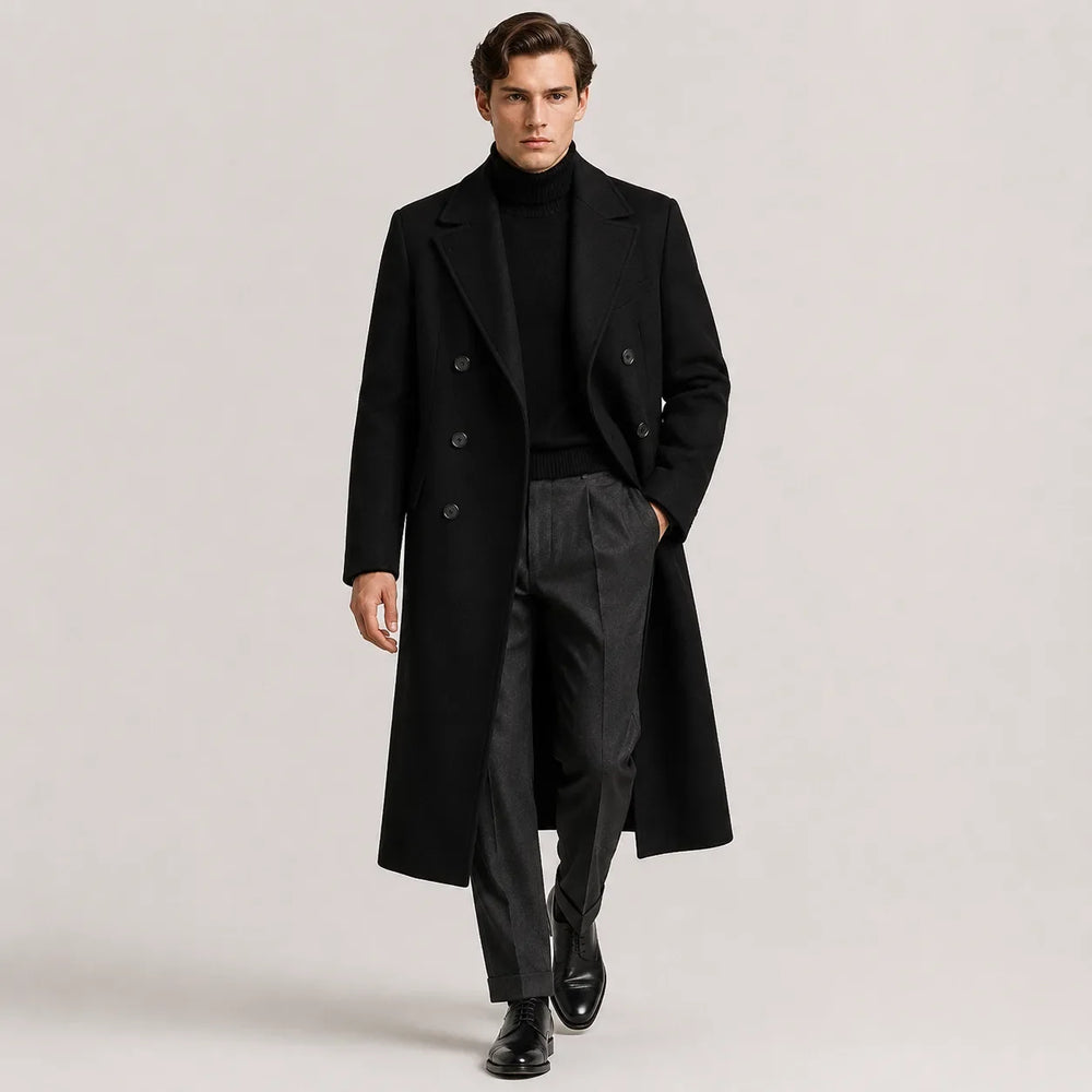 Men's long double-breasted coat with notched lapels and full sleeves