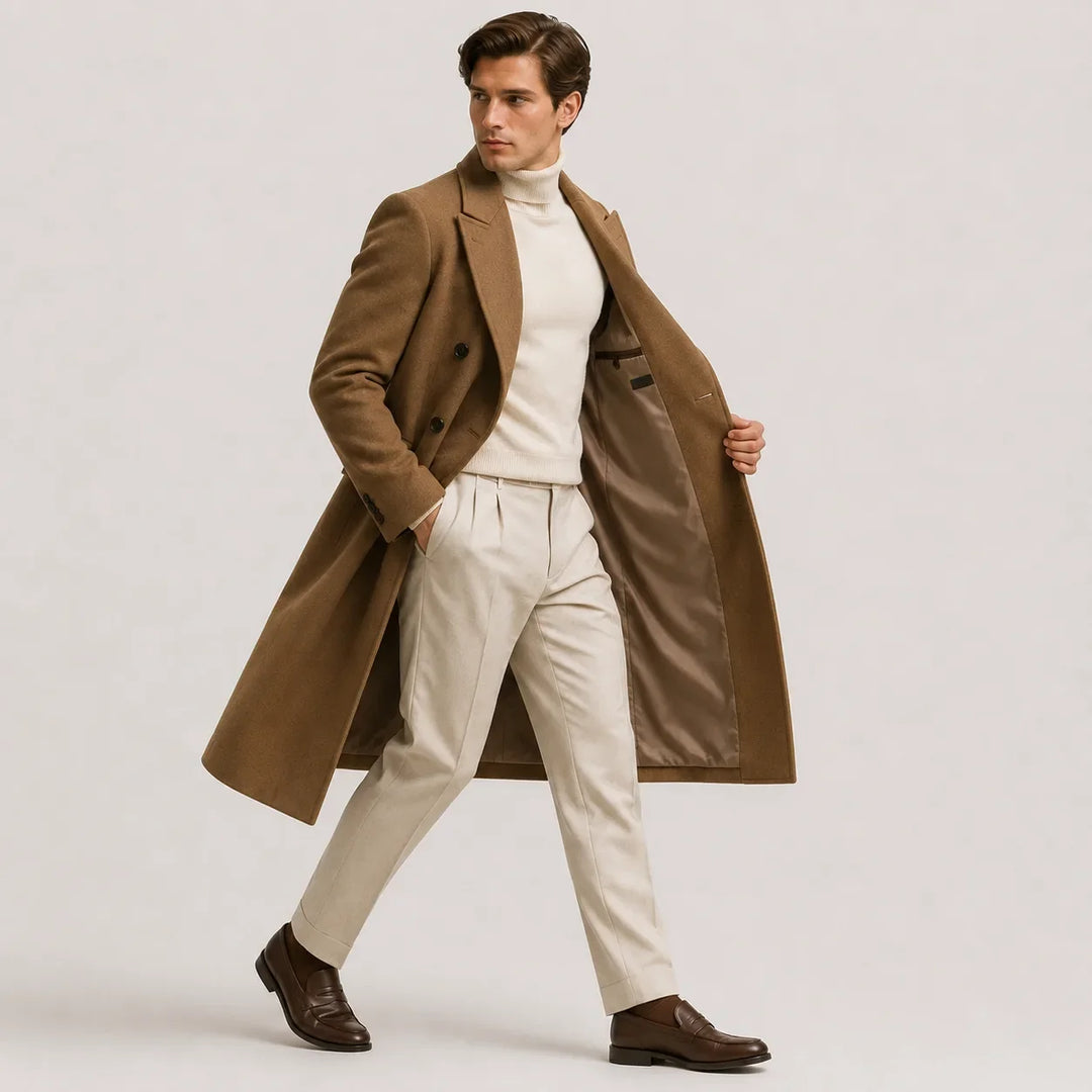 Men's long double-breasted coat with notched lapels and full sleeves