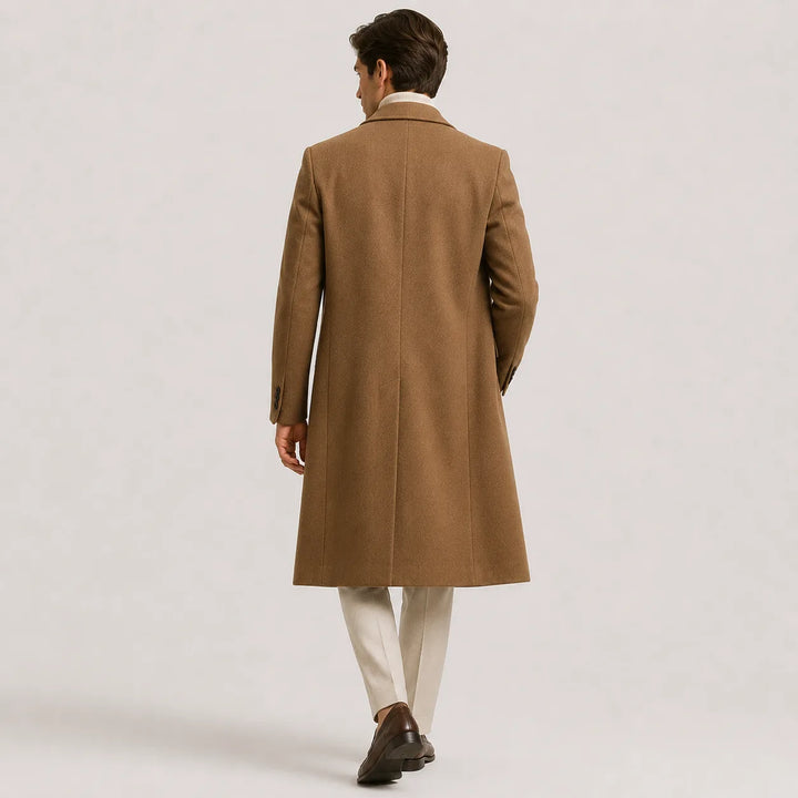 Men's long double-breasted coat with notched lapels and full sleeves