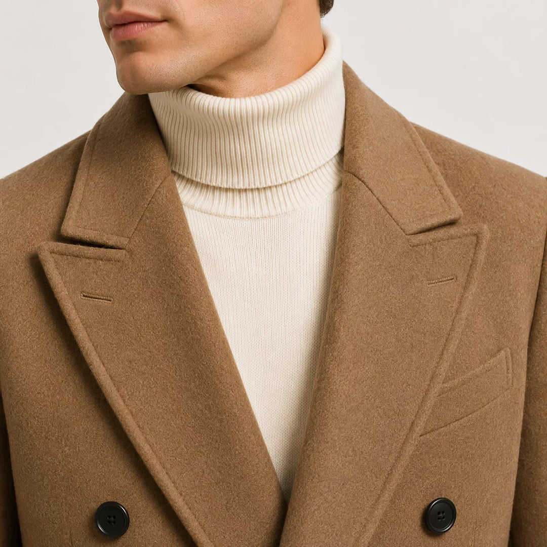 Men's long double-breasted coat with notched lapels and full sleeves