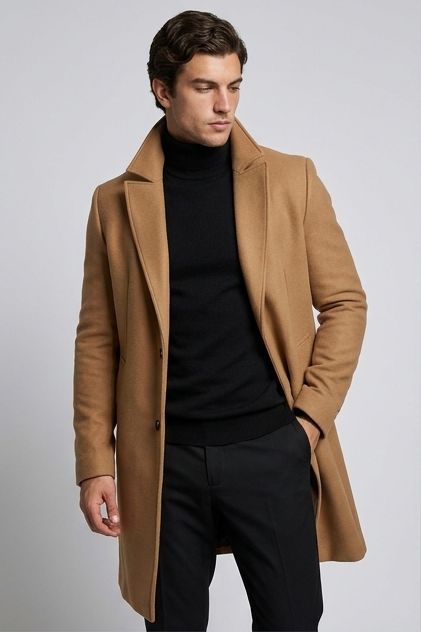 Men's slim-fit long tailored coat with notched lapels and button front