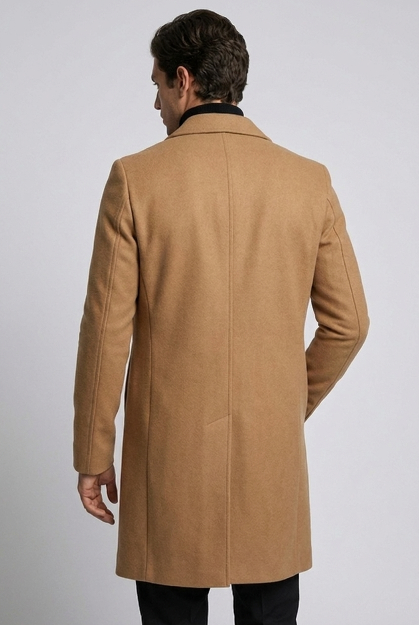 Men's slim-fit long tailored coat with notched lapels and button front